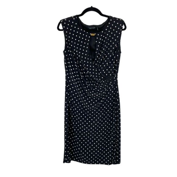 Lauren Ralph Lauren Black White Polka Dot Print Draped Front Keyhole Dress Sz 12 - Picture 1 of 5